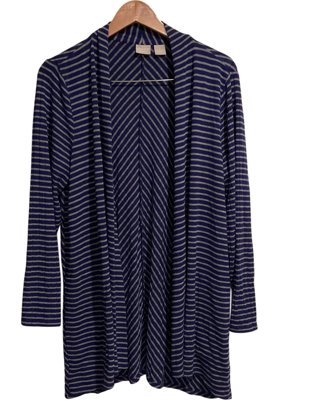 Chico's Zenergy Blue and Gray Striped‎ Knit Open Front Cardigan
